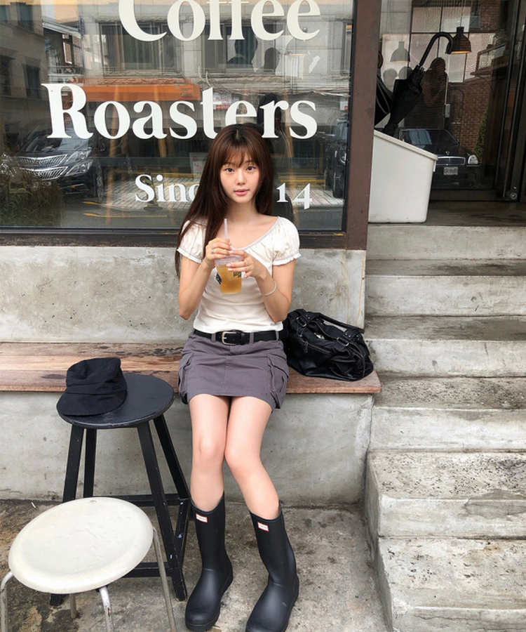 Vネックシャーリングパフ半袖Tシャツ WHITE