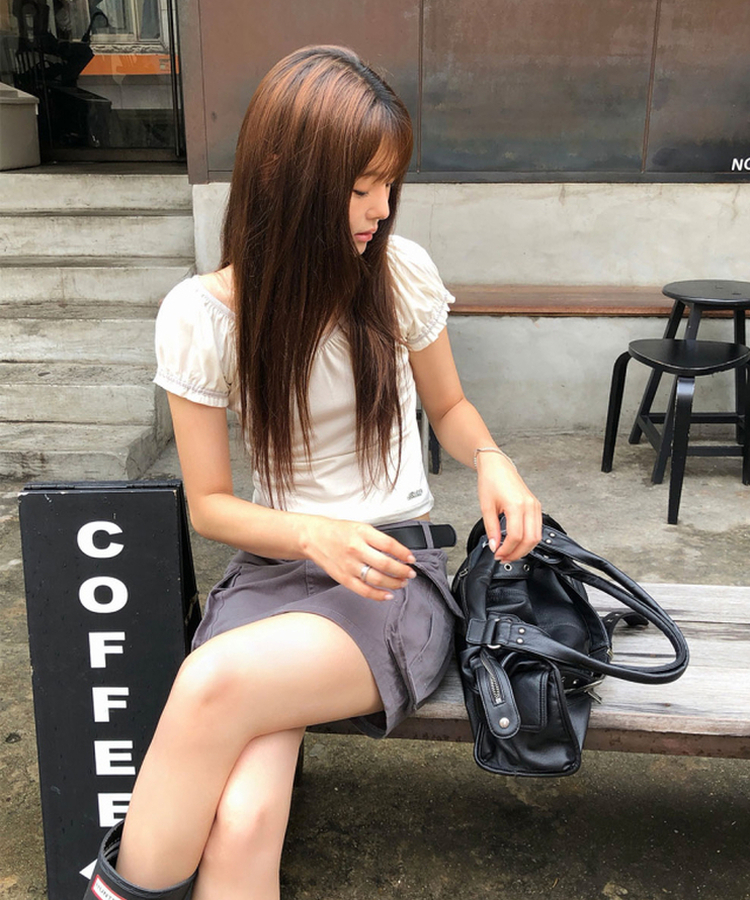 Vネックシャーリングパフ半袖Tシャツ WHITE