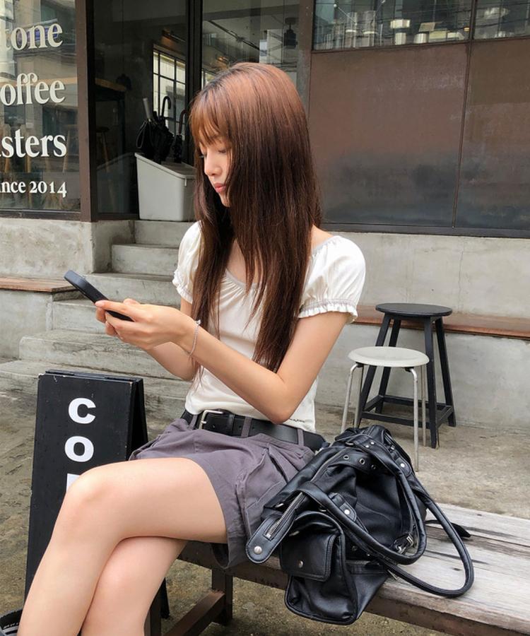 Vネックシャーリングパフ半袖Tシャツ WHITE
