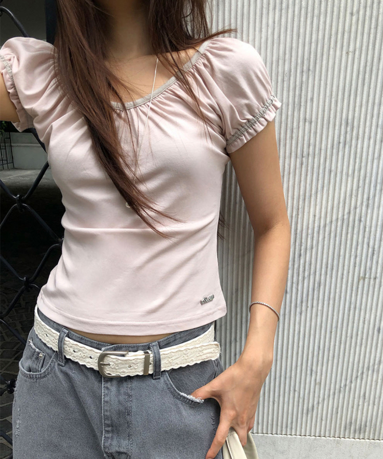 Vネックシャーリングパフ半袖Tシャツ PINK