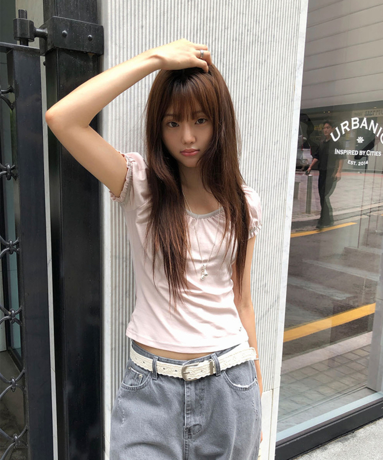 Vネックシャーリングパフ半袖Tシャツ PINK