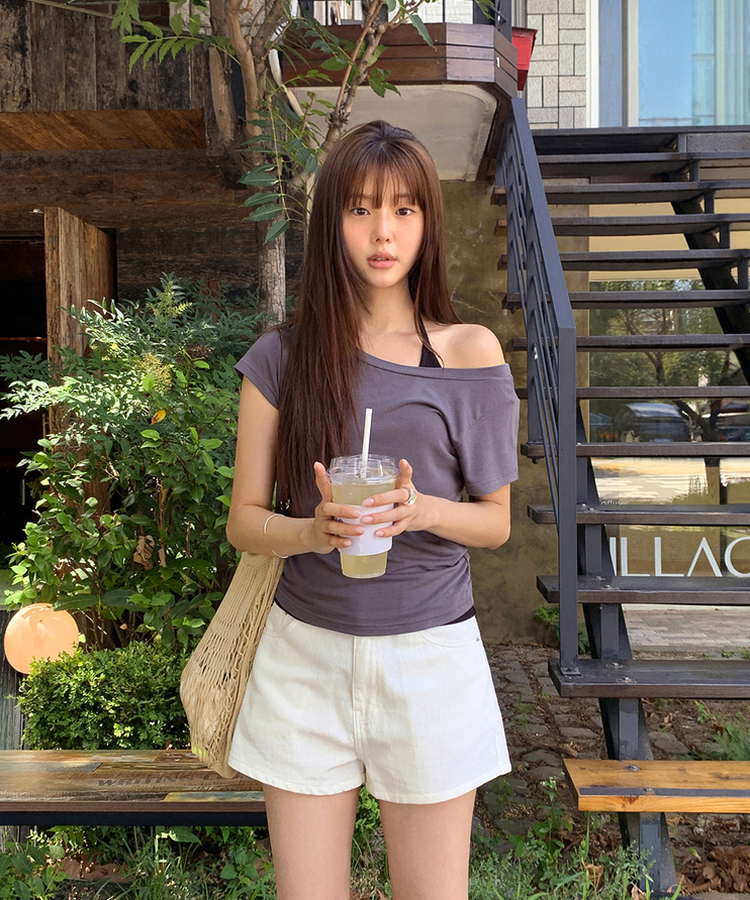 オフショルダー半袖Tシャツ CHARCOAL