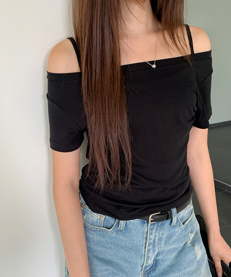 オフショルダー半袖Tシャツ BLACK
