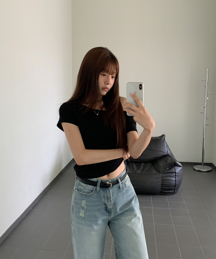 オフショルダー半袖Tシャツ BLACK