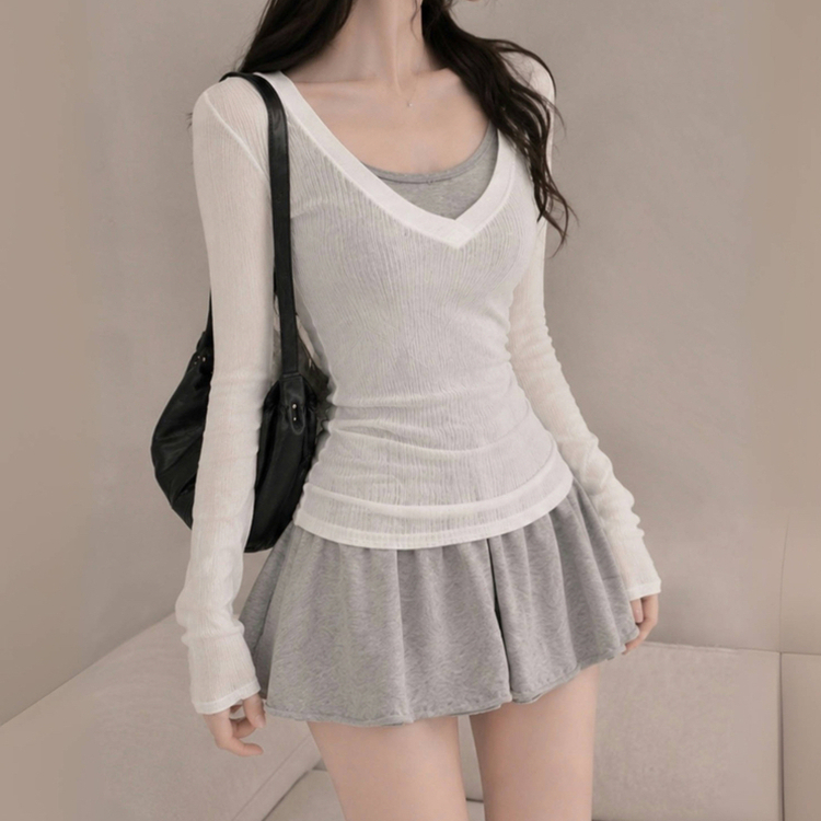 【SET】ニットTシャツ＋キャミソール＋スカートパンツ GREY