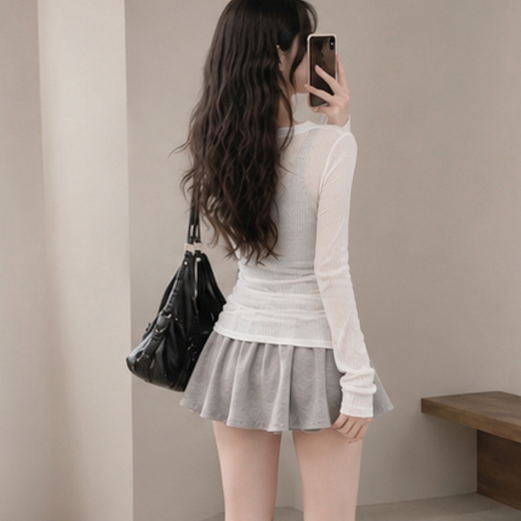 【SET】ニットTシャツ＋キャミソール＋スカートパンツ GREY