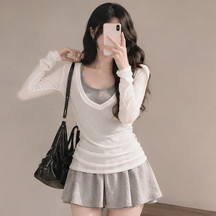 【SET】ニットTシャツ＋キャミソール＋スカートパンツ GREY