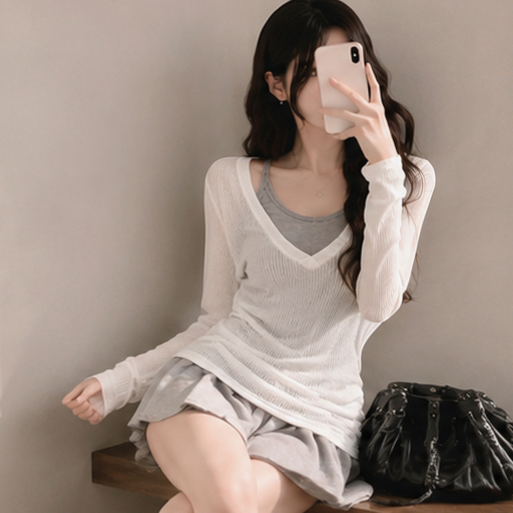 【SET】ニットTシャツ＋キャミソール＋スカートパンツ GREY