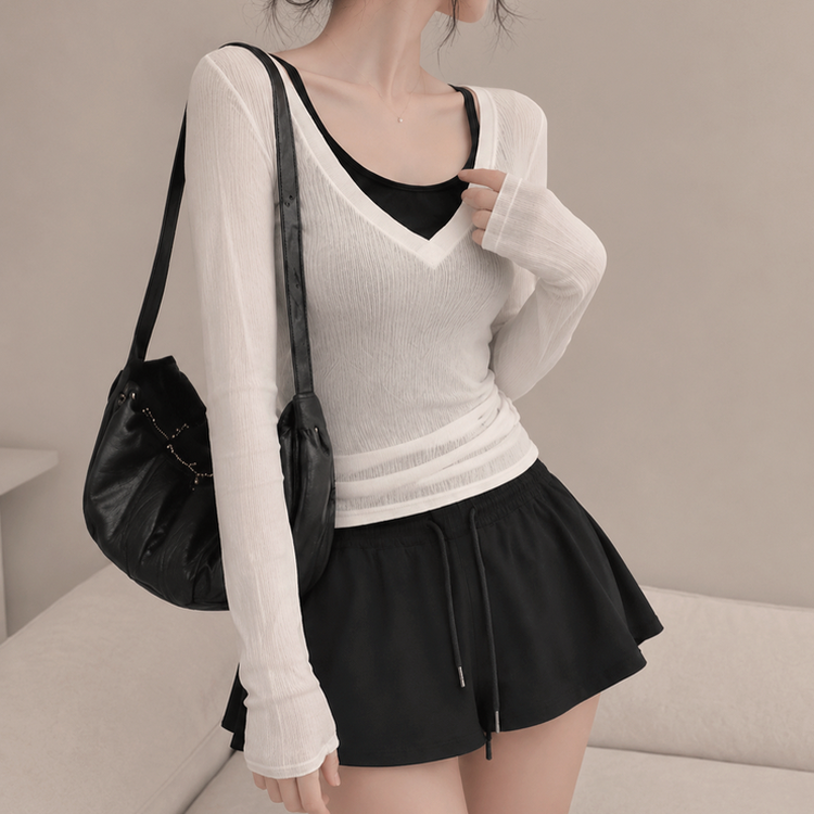 【SET】ニットTシャツ＋キャミソール＋スカートパンツ BLACK