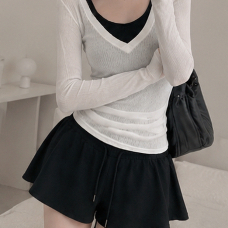 【SET】ニットTシャツ＋キャミソール＋スカートパンツ BLACK