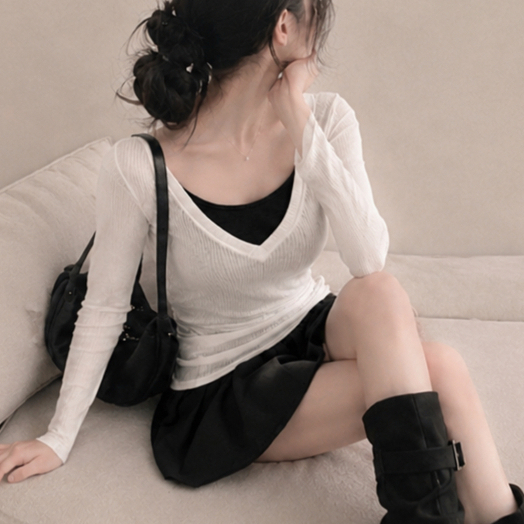 【SET】ニットTシャツ＋キャミソール＋スカートパンツ BLACK