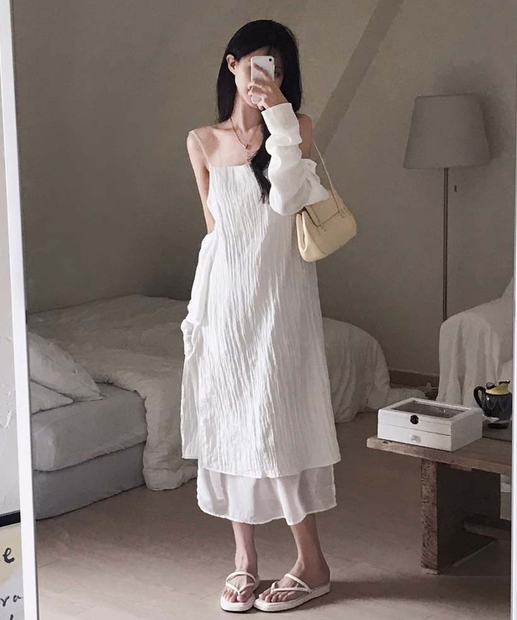 고급스러운 윤택감무드업 레이어드 썸머 시스루 끈 나시 롱 원피스 아이보리
