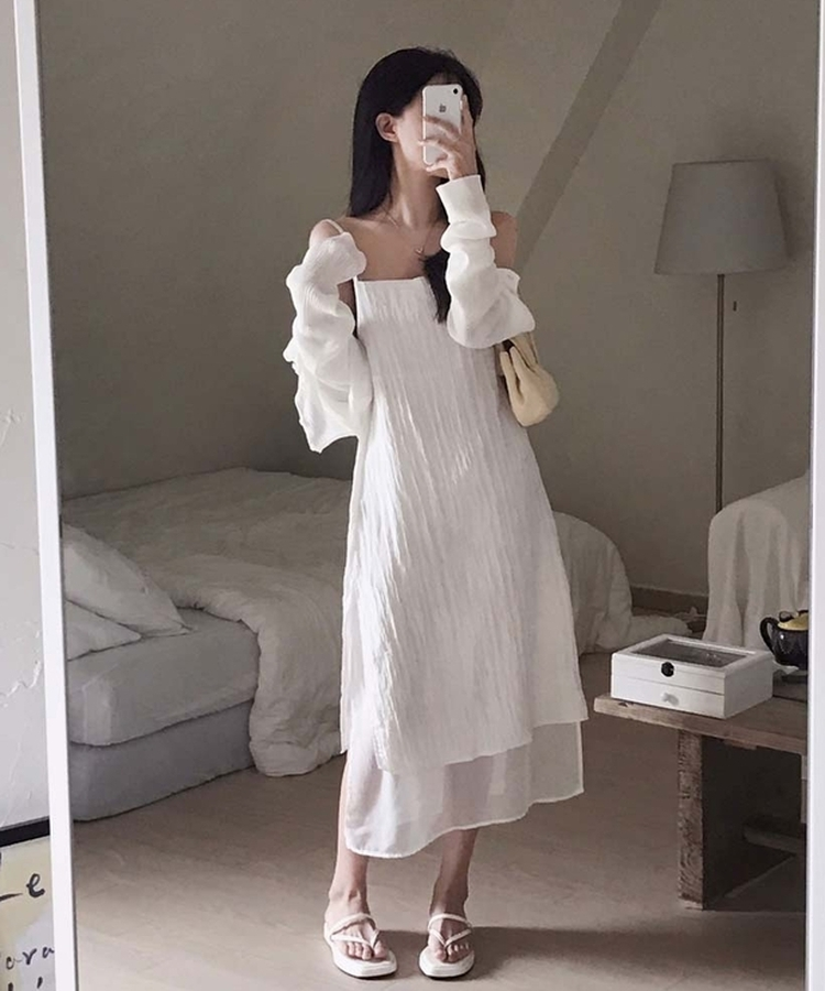 고급스러운 윤택감무드업 레이어드 썸머 시스루 끈 나시 롱 원피스 아이보리