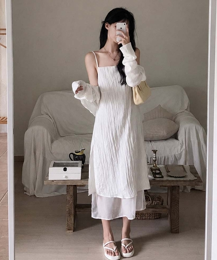 고급스러운 윤택감무드업 레이어드 썸머 시스루 끈 나시 롱 원피스 아이보리