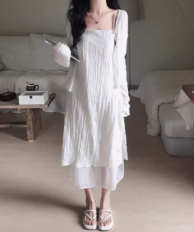 고급스러운 윤택감무드업 레이어드 썸머 시스루 끈 나시 롱 원피스 아이보리