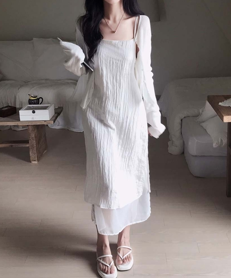 고급스러운 윤택감무드업 레이어드 썸머 시스루 끈 나시 롱 원피스 아이보리
