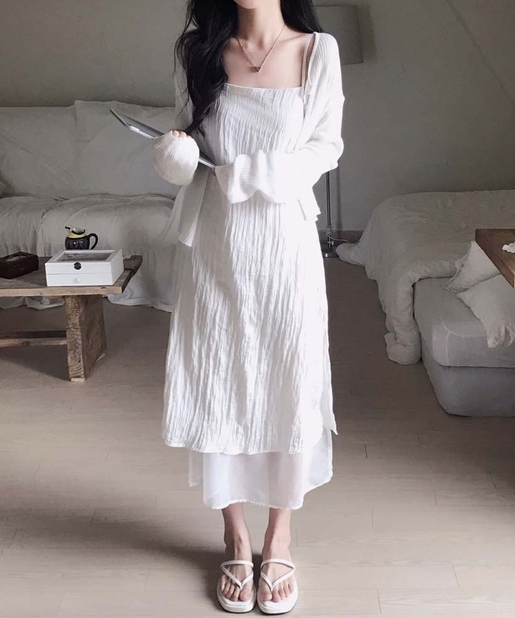 고급스러운 윤택감무드업 레이어드 썸머 시스루 끈 나시 롱 원피스 아이보리