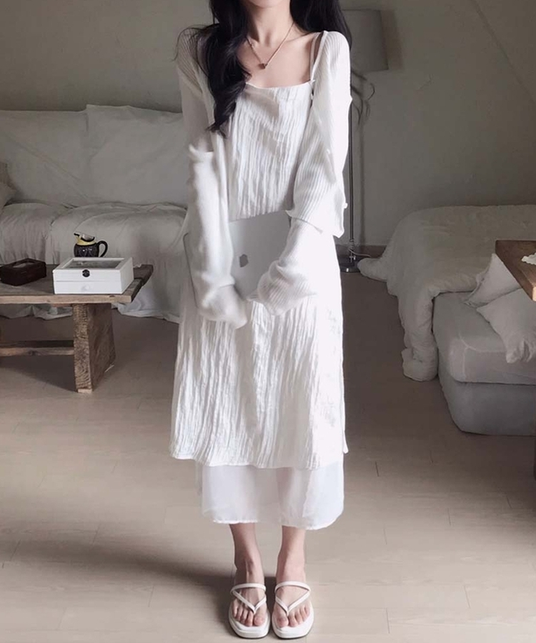 고급스러운 윤택감무드업 레이어드 썸머 시스루 끈 나시 롱 원피스 아이보리