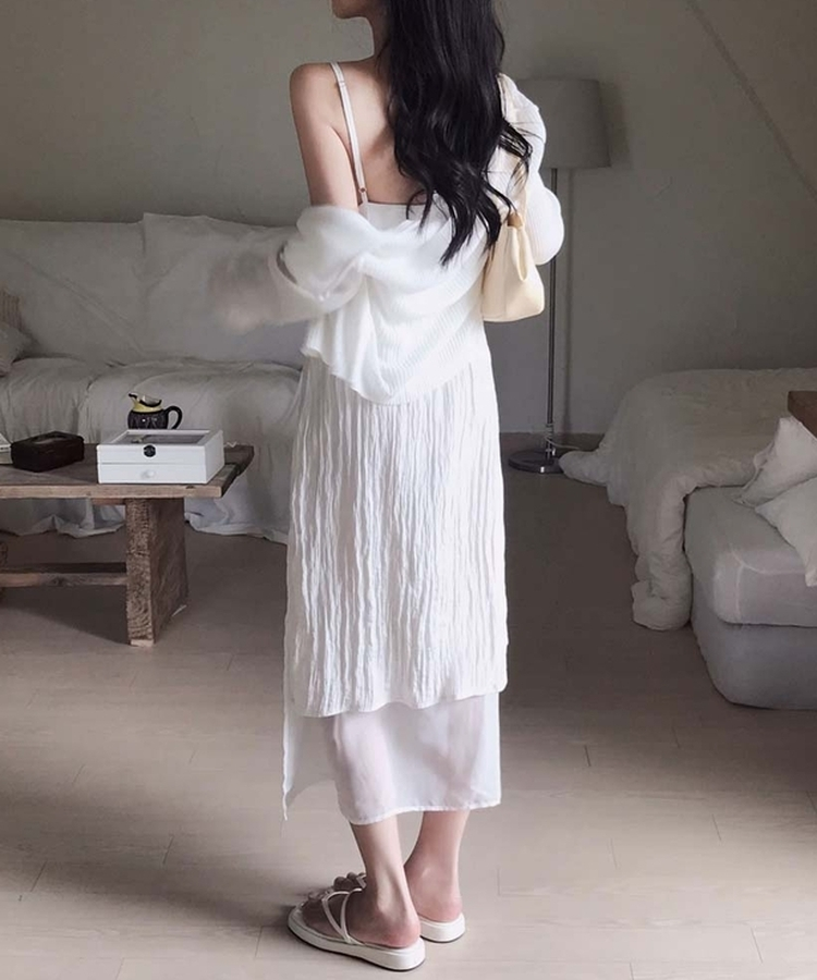 고급스러운 윤택감무드업 레이어드 썸머 시스루 끈 나시 롱 원피스 아이보리