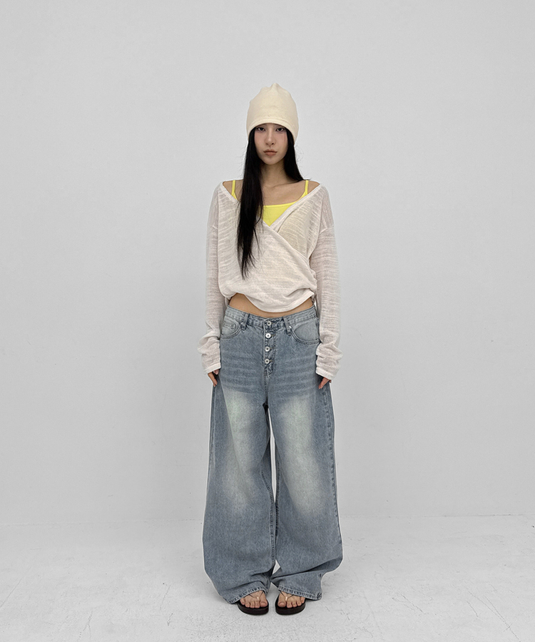 ボタンワイドデニムパンツ BLUE