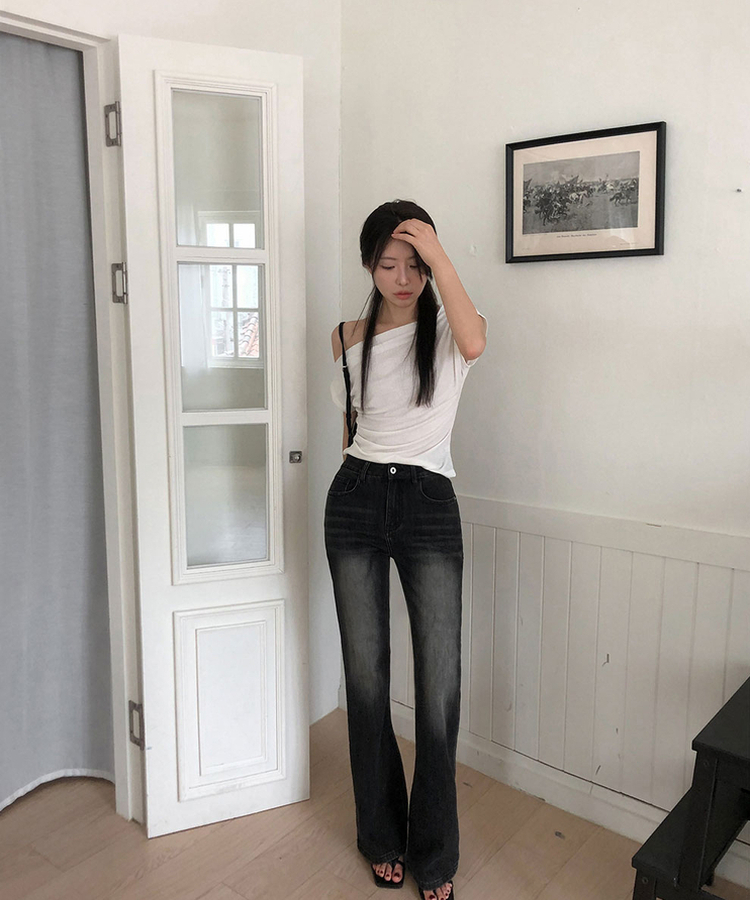 【丈別】ハイウエストブーツカットデニムパンツ BLACK