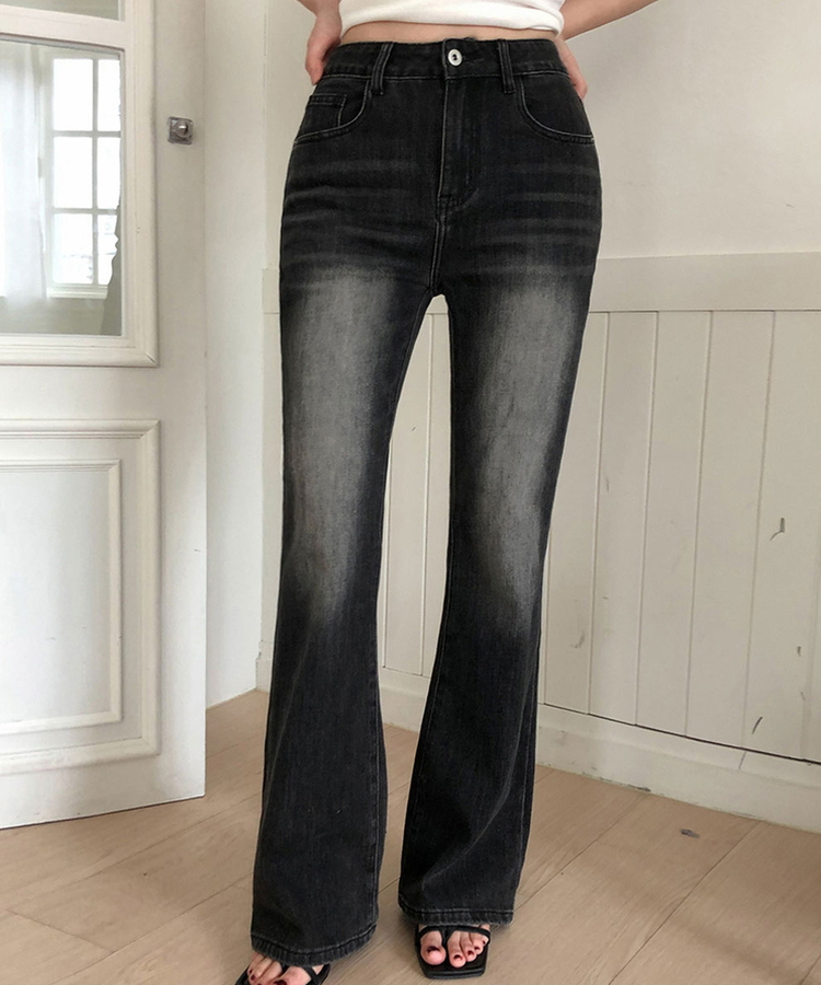 【丈別】ハイウエストブーツカットデニムパンツ BLACK