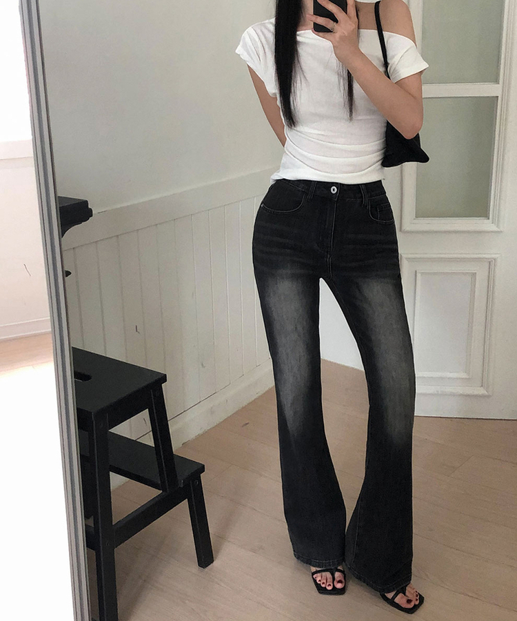 【丈別】ハイウエストブーツカットデニムパンツ BLACK