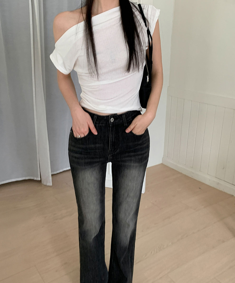【丈別】ハイウエストブーツカットデニムパンツ BLACK