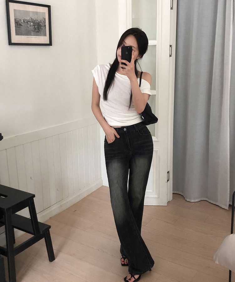 【丈別】ハイウエストブーツカットデニムパンツ BLACK
