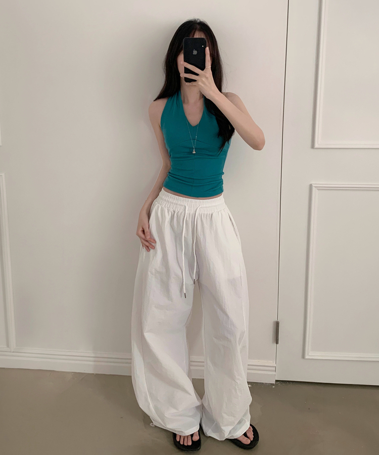 메시 밴딩핀턱 나일론 와이드 쿨링 롱팬츠 5color 화이트