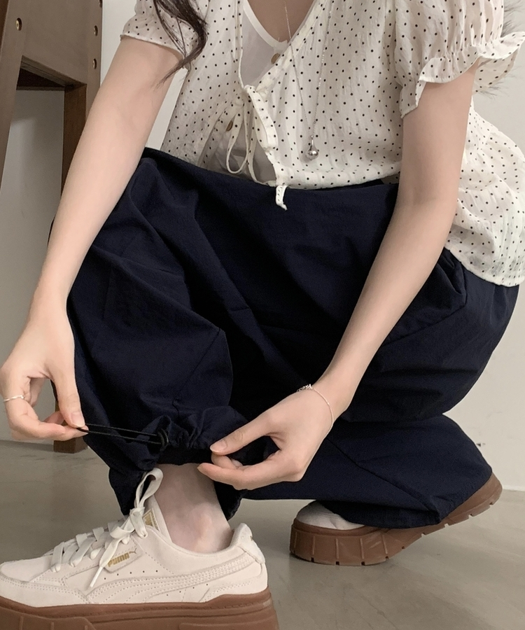 메시 밴딩핀턱 나일론 와이드 쿨링 롱팬츠 5color 네이비