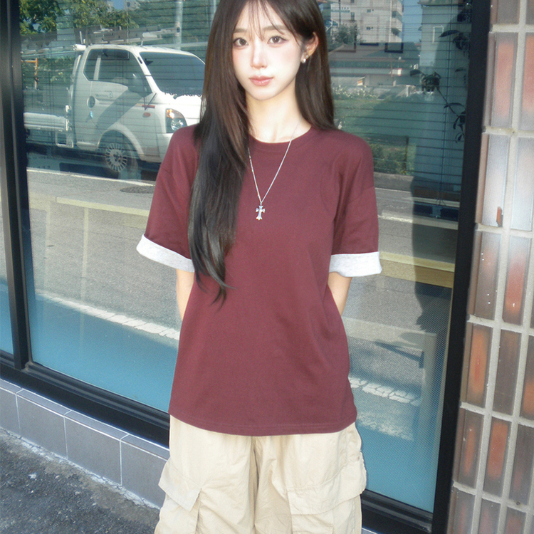 꾸안꾸 무드의 롤리팝 라운드 롤업 여름 반팔 티셔츠 오버핏 데일리 반팔티 루즈핏 배색 무지 박시티 기본 상의 4color 브릭