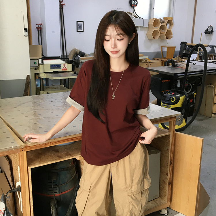꾸안꾸 무드의 롤리팝 라운드 롤업 여름 반팔 티셔츠 오버핏 데일리 반팔티 루즈핏 배색 무지 박시티 기본 상의 4color 브릭
