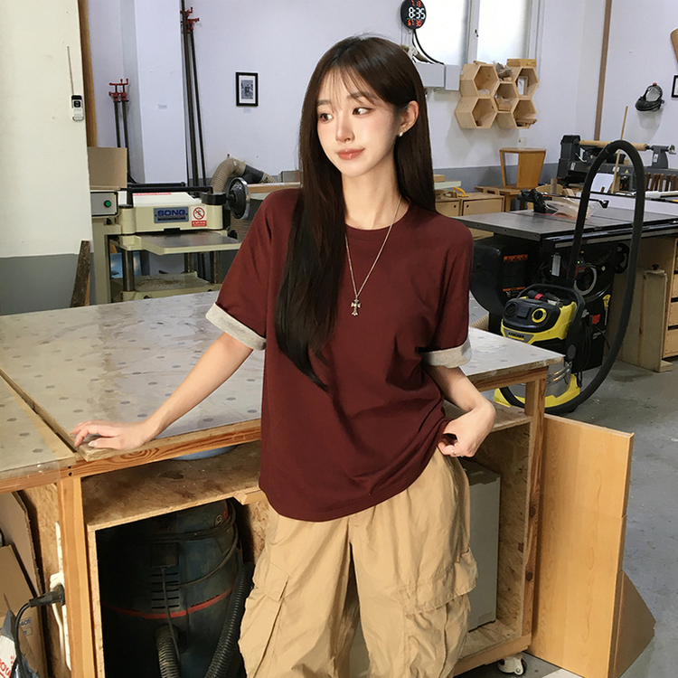 꾸안꾸 무드의 롤리팝 라운드 롤업 여름 반팔 티셔츠 오버핏 데일리 반팔티 루즈핏 배색 무지 박시티 기본 상의 4color 브릭