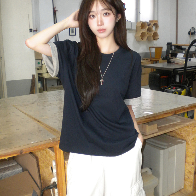 꾸안꾸 무드의 롤리팝 라운드 롤업 여름 반팔 티셔츠 오버핏 데일리 반팔티 루즈핏 배색 무지 박시티 기본 상의 4color 네이비