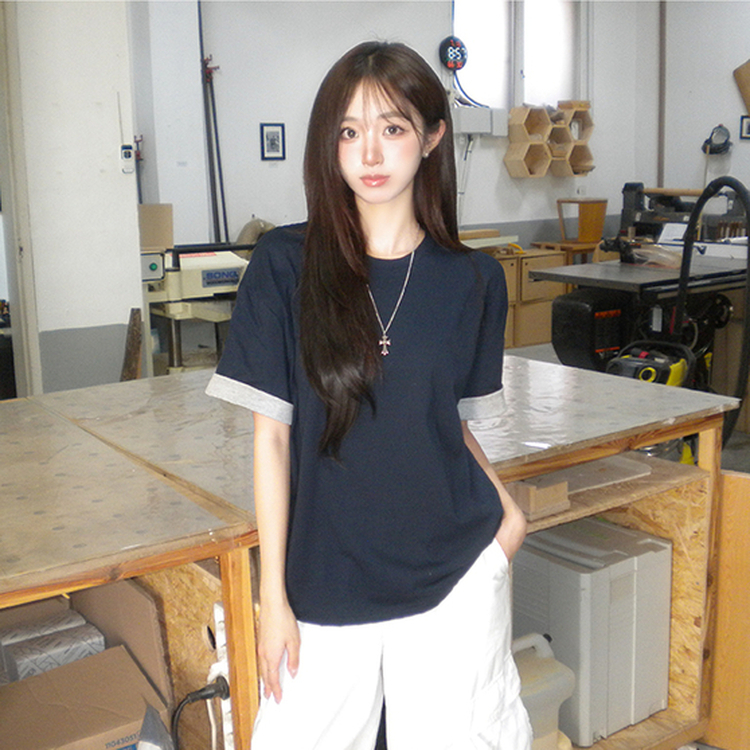 꾸안꾸 무드의 롤리팝 라운드 롤업 여름 반팔 티셔츠 오버핏 데일리 반팔티 루즈핏 배색 무지 박시티 기본 상의 4color 네이비