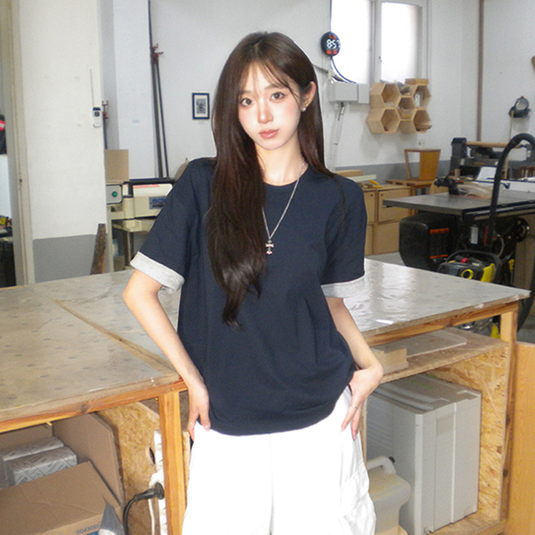 꾸안꾸 무드의 롤리팝 라운드 롤업 여름 반팔 티셔츠 오버핏 데일리 반팔티 루즈핏 배색 무지 박시티 기본 상의 4color 네이비