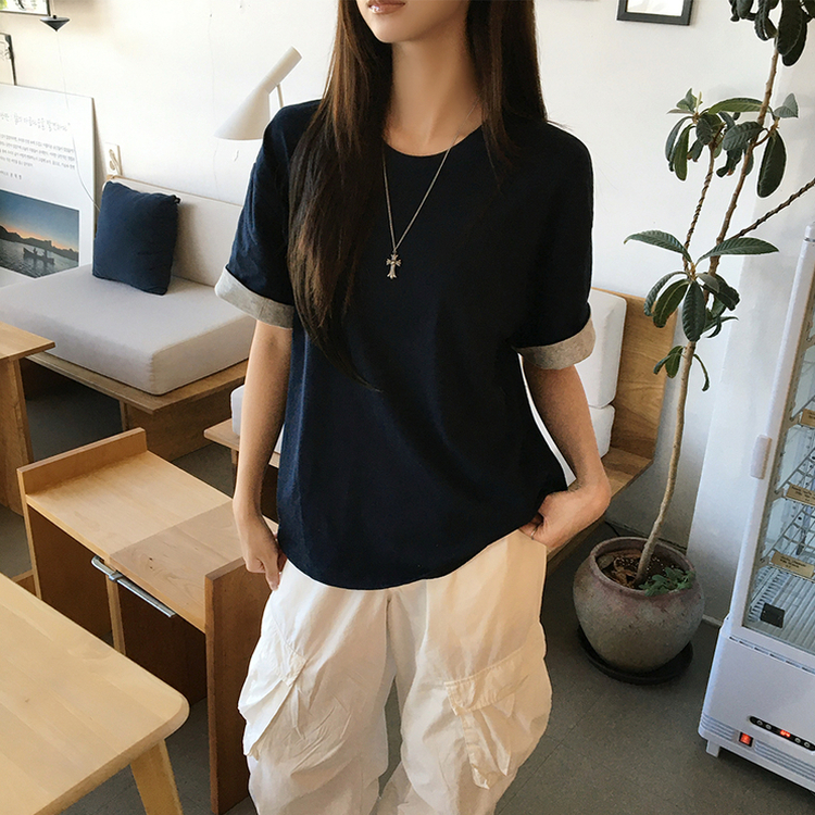 꾸안꾸 무드의 롤리팝 라운드 롤업 여름 반팔 티셔츠 오버핏 데일리 반팔티 루즈핏 배색 무지 박시티 기본 상의 4color 네이비