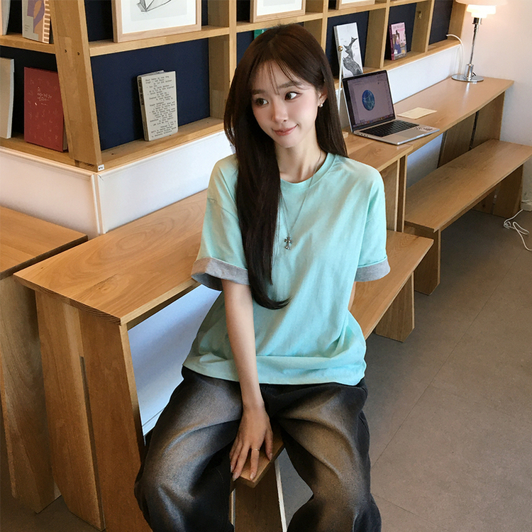 꾸안꾸 무드의 롤리팝 라운드 롤업 여름 반팔 티셔츠 오버핏 데일리 반팔티 루즈핏 배색 무지 박시티 기본 상의 4color 민트