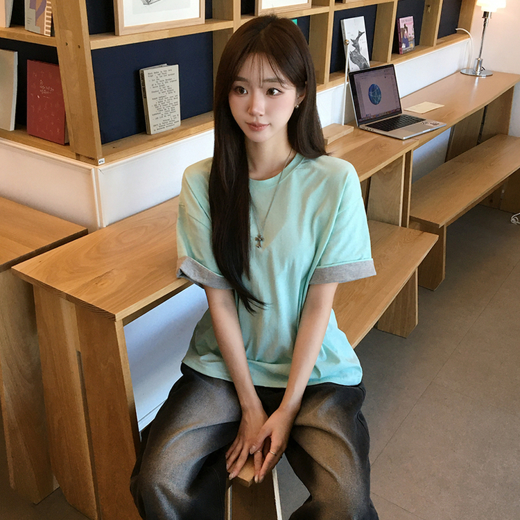 꾸안꾸 무드의 롤리팝 라운드 롤업 여름 반팔 티셔츠 오버핏 데일리 반팔티 루즈핏 배색 무지 박시티 기본 상의 4color 민트