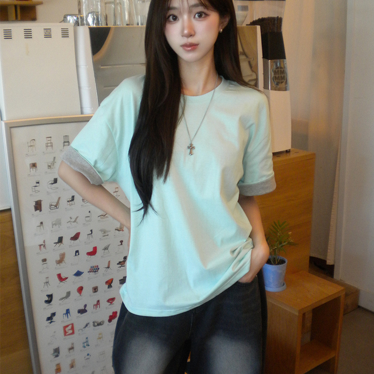 꾸안꾸 무드의 롤리팝 라운드 롤업 여름 반팔 티셔츠 오버핏 데일리 반팔티 루즈핏 배색 무지 박시티 기본 상의 4color 민트