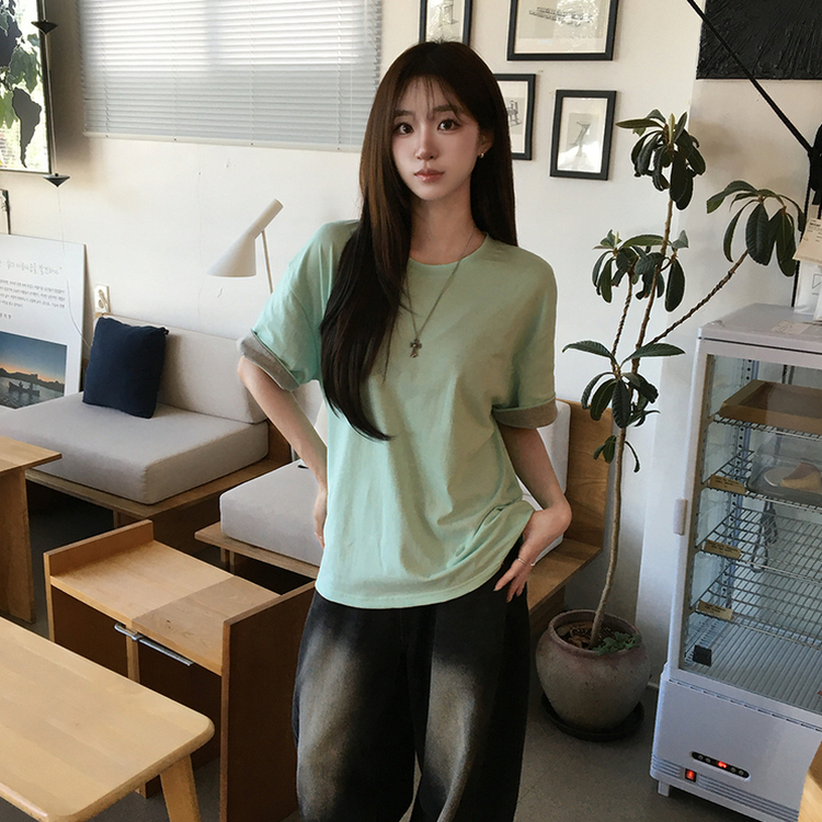 꾸안꾸 무드의 롤리팝 라운드 롤업 여름 반팔 티셔츠 오버핏 데일리 반팔티 루즈핏 배색 무지 박시티 기본 상의 4color 민트
