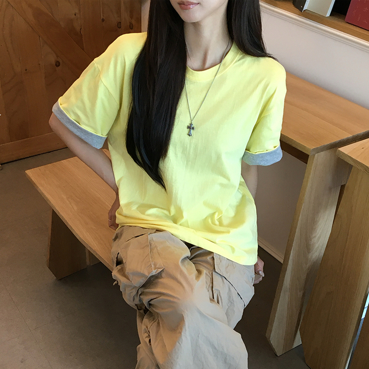 꾸안꾸 무드의 롤리팝 라운드 롤업 여름 반팔 티셔츠 오버핏 데일리 반팔티 루즈핏 배색 무지 박시티 기본 상의 4color 옐로우