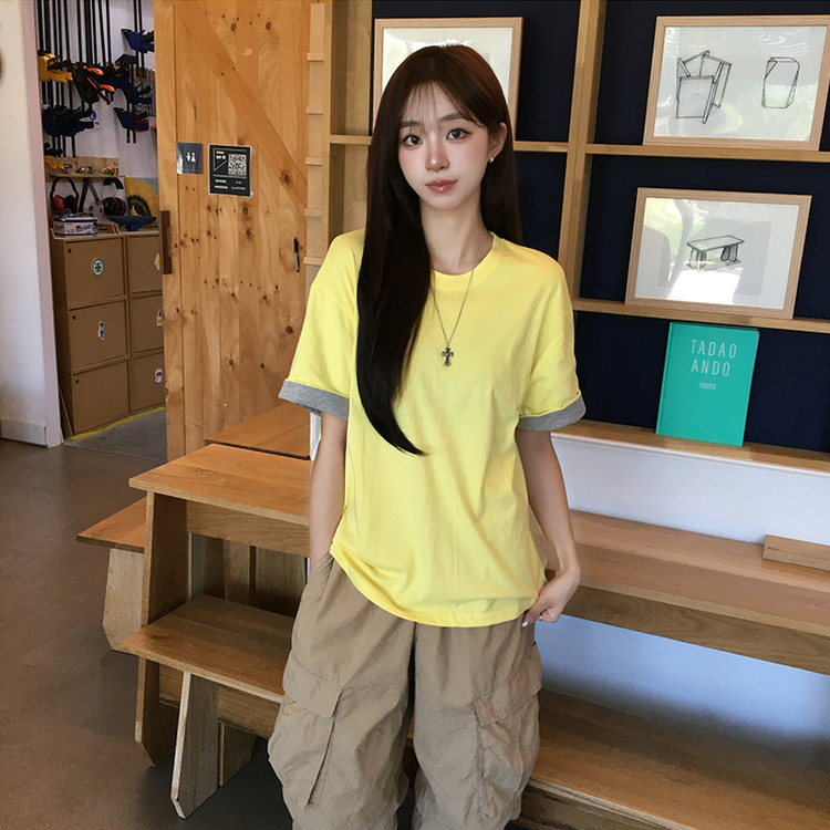 꾸안꾸 무드의 롤리팝 라운드 롤업 여름 반팔 티셔츠 오버핏 데일리 반팔티 루즈핏 배색 무지 박시티 기본 상의 4color 옐로우