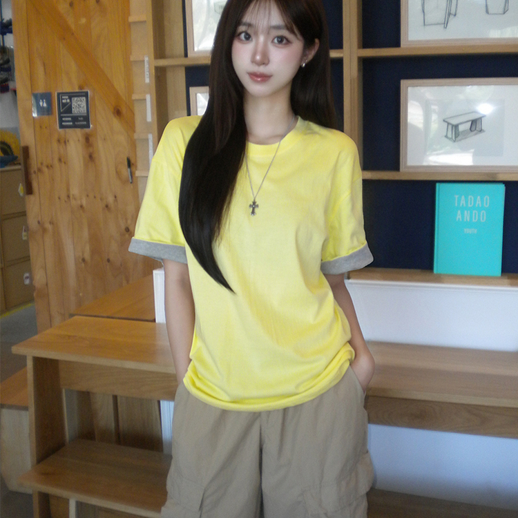 꾸안꾸 무드의 롤리팝 라운드 롤업 여름 반팔 티셔츠 오버핏 데일리 반팔티 루즈핏 배색 무지 박시티 기본 상의 4color 옐로우