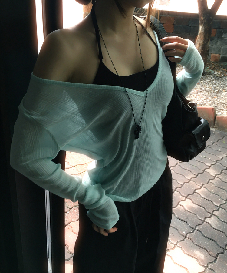ディープVネックシースルーリブ長袖Tシャツ(8color) MINT
