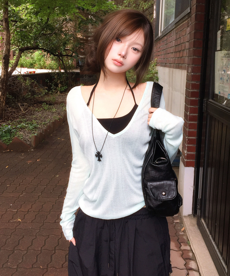ディープVネックシースルーリブ長袖Tシャツ(8color) MINT