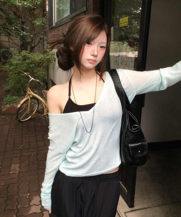 ディープVネックシースルーリブ長袖Tシャツ(8color) MINT