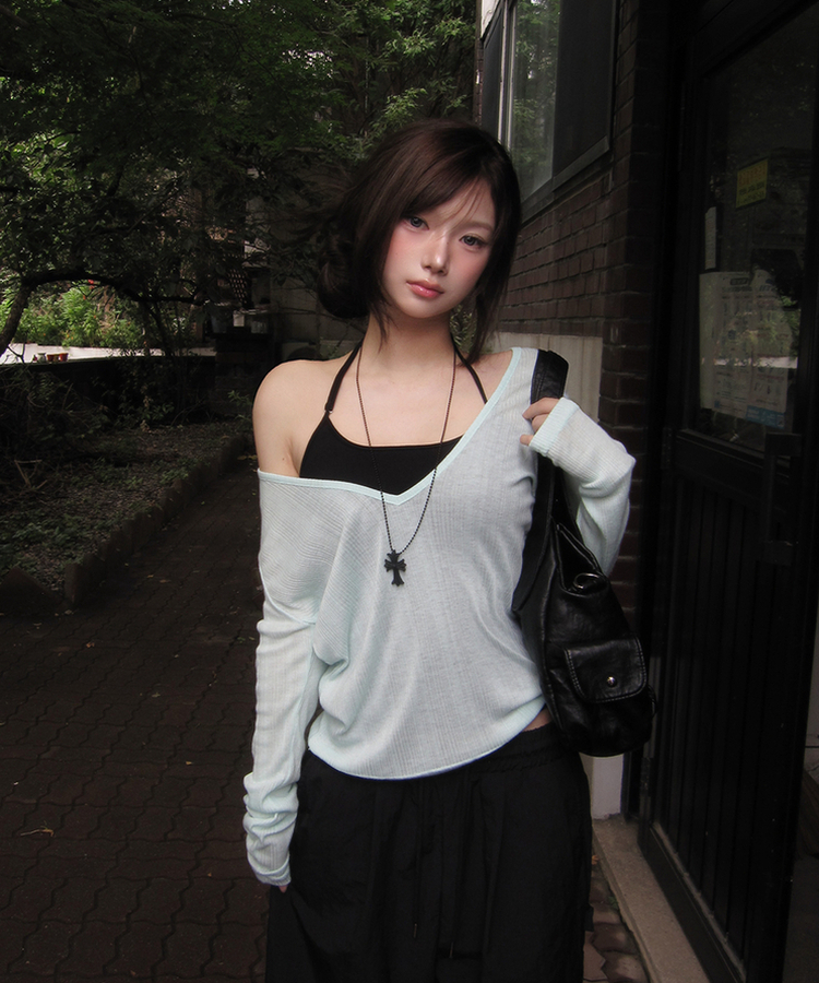 ディープVネックシースルーリブ長袖Tシャツ(8color) MINT