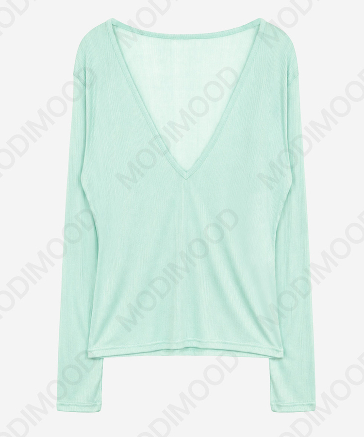 ディープVネックシースルーリブ長袖Tシャツ(8color)